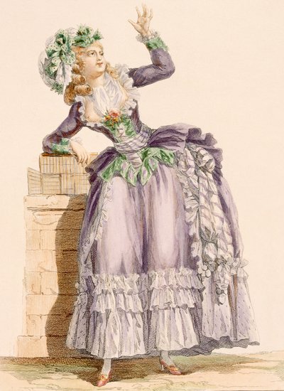 Robe de dame en taffetas mauve et vert avec un bonnet assorti, gravée par Dupin, de 